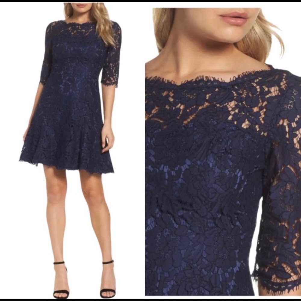 Eliza J  Lace Fit & Flare Navy Lace Dress